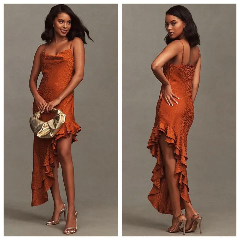 BHLDN Mila Satin Midi Dress M Rust Leopard Cowl Neck Slip Ruffle Hem